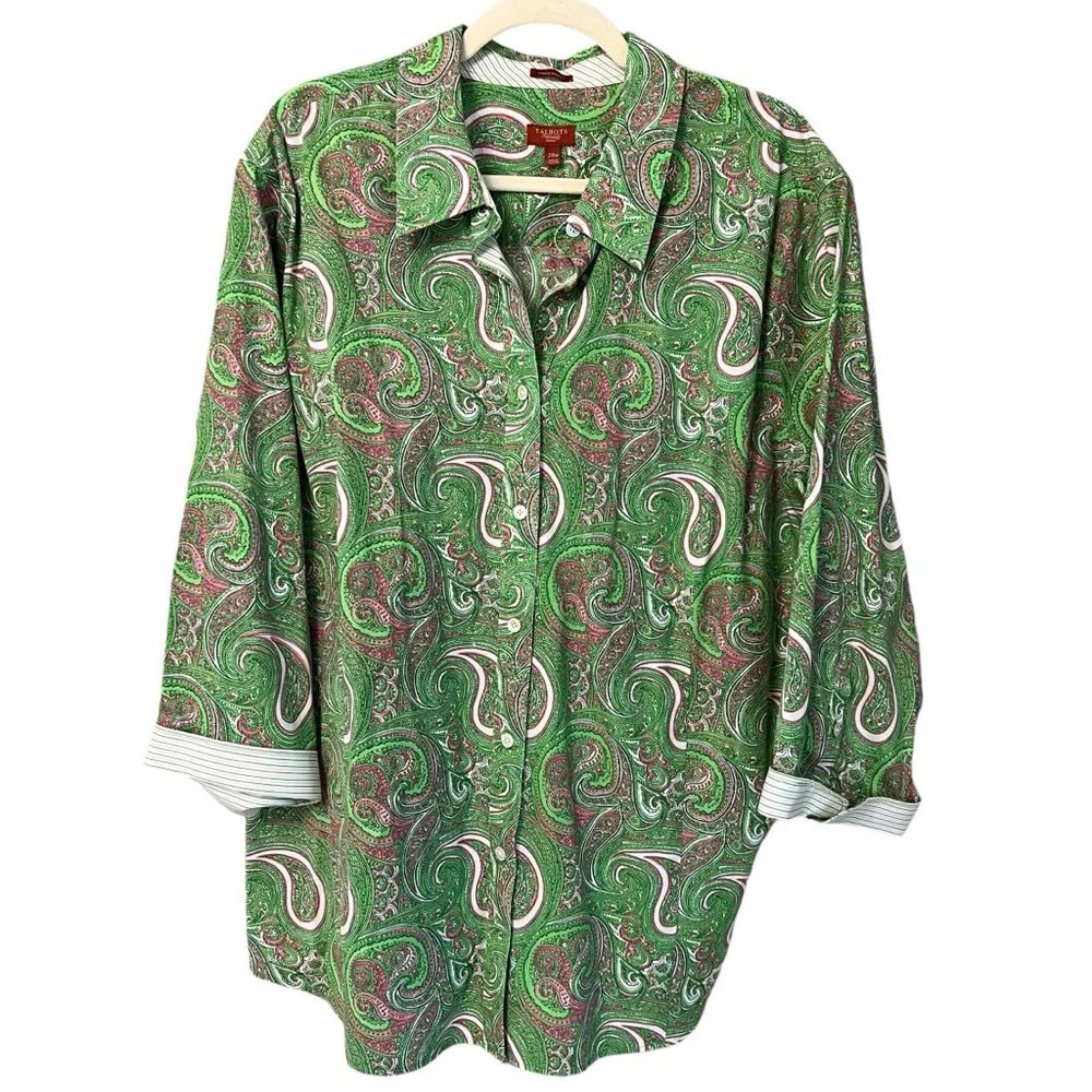 Talbots Woman Paisley Button Front Shirt Green Pink 24W Old Money Classic